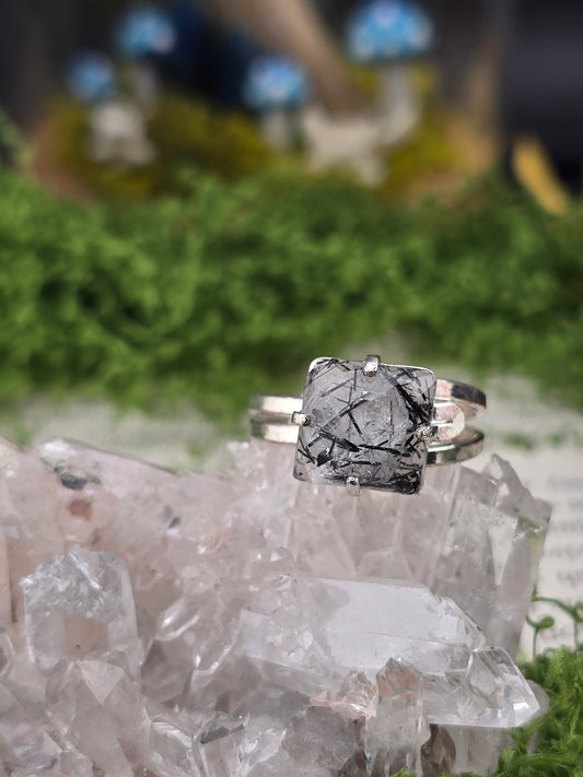 Black Tourmaline Quartz Adjustable Ring